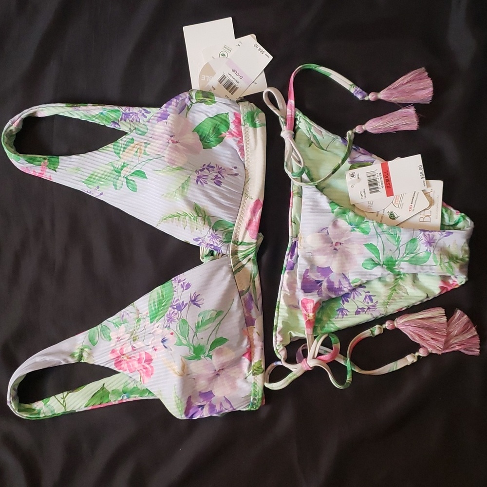 BECCA Floral Bikini Set - Green and Purple NWT Top D Bottoms XS